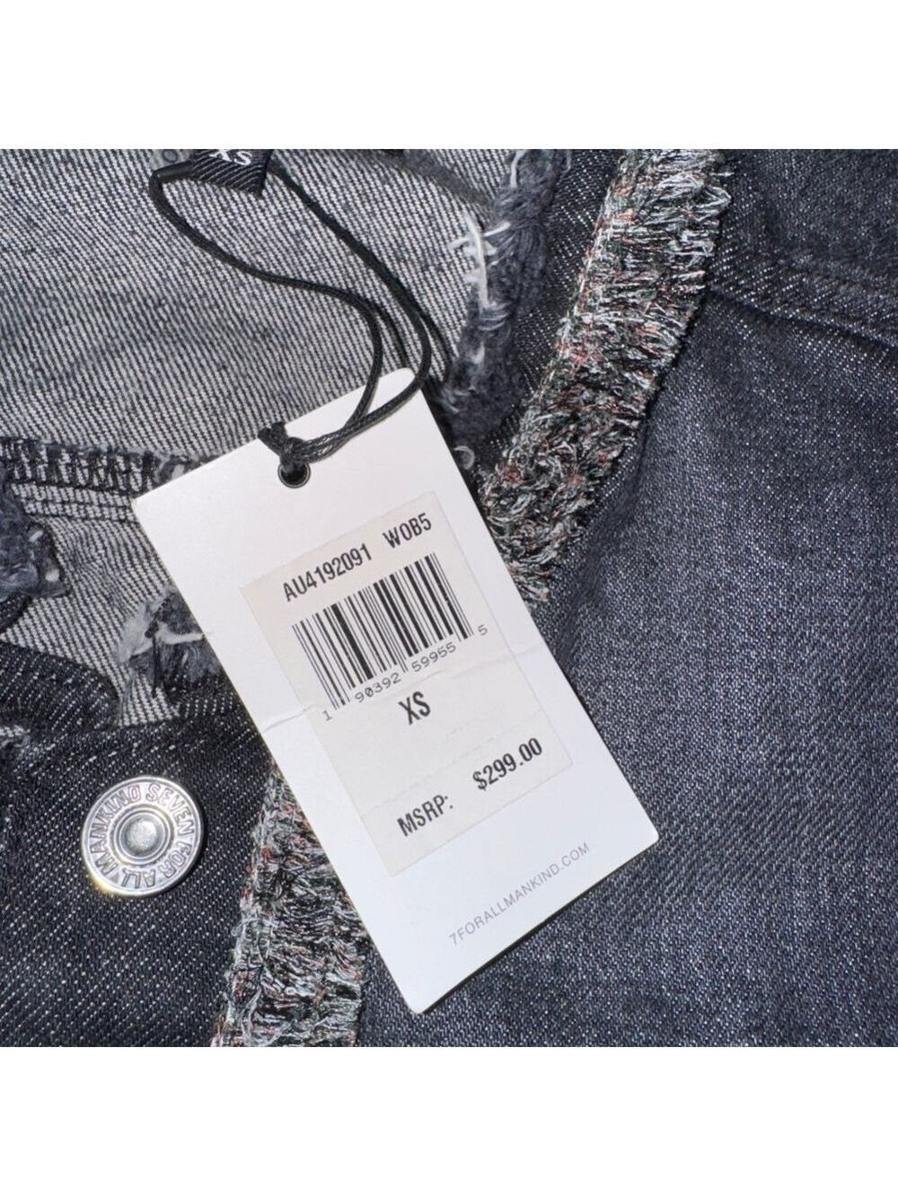 7 For All Mankind Dark Denim Jean Jacket With Fray Neck 100% Cotton Size XS NWT - Picture 3 of 7